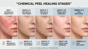Chemical peel healing stages from immediate redness and dryness to peeling, recovery, and smoother-looking skin.