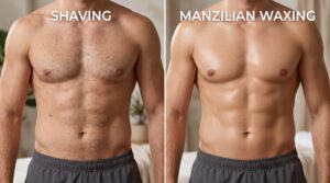 Comparison of shaved versus waxed male body skin showing stubble after shaving and smoother skin after waxing.