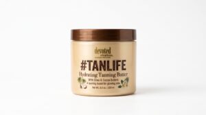 Devoted Creations #TANLIFE Hydrating Tanning Butter product container on a white background.