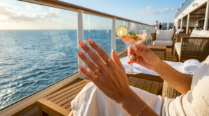 Colorful French tip nails designed for cruise vacations.