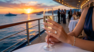 Pearl chrome nails for elegant cruise evenings.