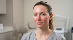 Woman with mild redness and tight skin immediately after a chemical peel.