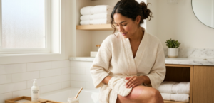 Woman exfoliating and moisturizing her skin after a Brazilian wax to help prevent ingrown hairs.