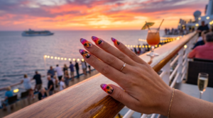 Tropical sunset nails inspired by colorful cruise sunsets.