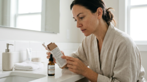 Woman reading at-home chemical peel instructions before use.