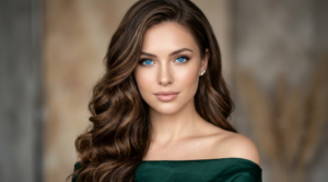 Woman with blue eyes and fair skin wearing a rich brunette hair color that enhances her eye color and complexion.