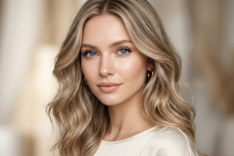 Woman with blue eyes, fair sensitive skin, and a flattering hair color that enhances her complexion without looking harsh.