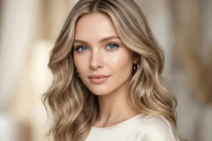 Woman with blue eyes, fair sensitive skin, and a flattering hair color that enhances her complexion without looking harsh.