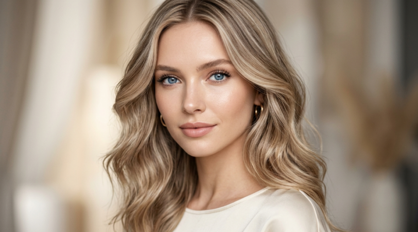 Woman with blue eyes, fair sensitive skin, and a flattering hair color that enhances her complexion without looking harsh.