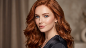 Woman with blue eyes and fair skin wearing a vibrant red hair color that enhances her natural features.