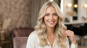 Woman with blue eyes and fair skin showcasing a flattering blonde hair color with soft waves and dimensional highlights.