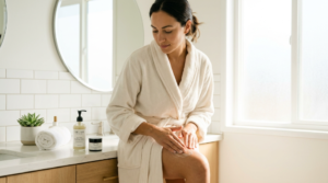 Woman applying gentle skincare products after a Brazilian wax to maintain smooth, healthy skin.