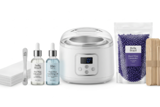 Brazilian Wax Before and After waxing kit featuring hard wax beads, wax warmer, applicator sticks, and aftercare products for smooth hair removal results.