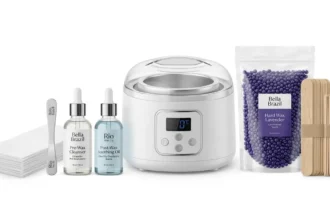 Brazilian Wax Before and After waxing kit featuring hard wax beads, wax warmer, applicator sticks, and aftercare products for smooth hair removal results.