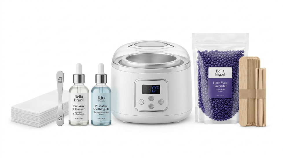 Brazilian Wax Before and After waxing kit featuring hard wax beads, wax warmer, applicator sticks, and aftercare products for smooth hair removal results.