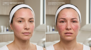 Normal versus concerning chemical peel side effects including redness, dryness, swelling, and irritation.