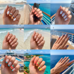 Collection of 12 cruise nail ideas featuring ocean blue ombre, palm trees, coral shades, seashell accents, tropical florals, and nautical-inspired vacation nail designs.