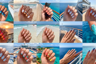 Collection of 12 cruise nail ideas featuring ocean blue ombre, palm trees, coral shades, seashell accents, tropical florals, and nautical-inspired vacation nail designs.