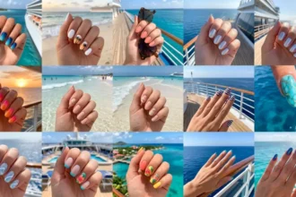 Collection of 12 cruise nail ideas featuring ocean blue ombre, palm trees, coral shades, seashell accents, tropical florals, and nautical-inspired vacation nail designs.