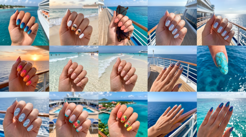 Collection of 12 cruise nail ideas featuring ocean blue ombre, palm trees, coral shades, seashell accents, tropical florals, and nautical-inspired vacation nail designs.