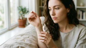 Woman with green eyes checking her wrist to find her skin undertone.