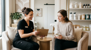 Woman consulting with a professional esthetician before her first Brazilian wax appointment.