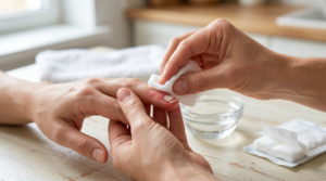 Gently cleaning a finger with a partially detached fingernail