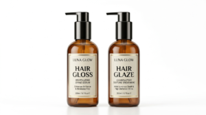 Hair gloss and hair glaze treatment bottles isolated on a white background for product comparison.