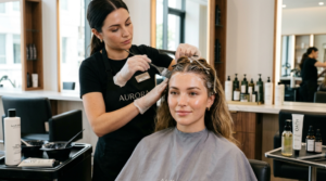 Woman with sensitive skin receiving a gentle hair coloring treatment using skin-friendly hair dye products.