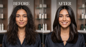 Before and after comparison showing dull hair transformed into smooth, shiny hair after a hair gloss treatment.