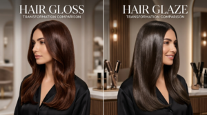 Comparison of hair gloss and hair glaze treatments on damaged hair showing differences in shine and smoothness.