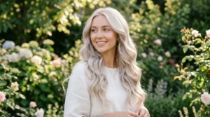 Pearl blonde hair on a woman with pale skin and blue eyes.