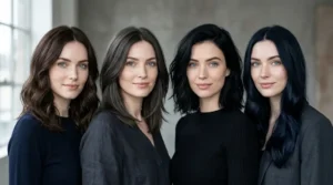 Dark hair colors for pale skin and blue eyes, including cool espresso, dark ash brown, soft black, and blue-black.