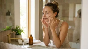 Woman gently washing her face with a mild cleanser and lukewarm water.