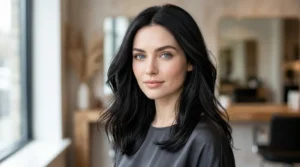 Soft-black hair on a woman with pale skin and blue eyes.