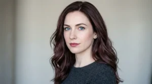 Cool burgundy-brown hair on a woman with pale skin and blue eyes.