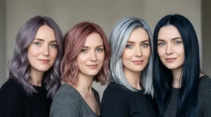 Creative cool-toned hair colors for pale skin and blue eyes, including smoky lavender, dusty rose, silver-blue, and midnight navy.