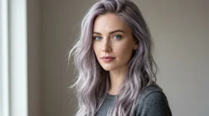 Smoky lavender hair on a woman with pale skin and blue eyes.
