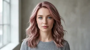 Dusty rose hair on a woman with pale skin and blue eyes.