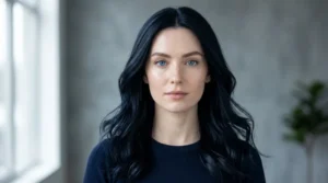 Midnight navy hair on a woman with pale skin and blue eyes.