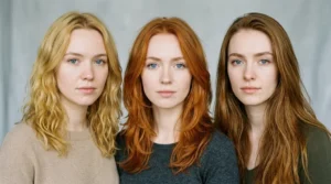 Warm hair colors that may be less flattering for pale skin and blue eyes, including brassy blonde, orange copper, and golden caramel.