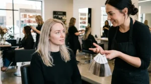Woman discussing cool-toned hair color options with a professional colorist.