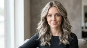 Ash blonde hair on a woman with pale skin and blue eyes.