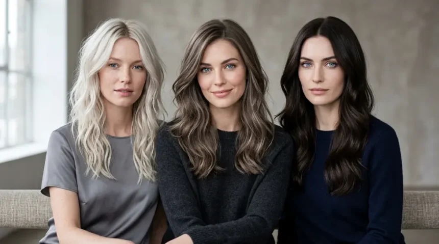 Best cool hair colors for pale skin and blue eyes, including icy platinum, mushroom brown, and cool espresso.
