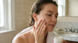 Woman applying moisturizer to slightly damp skin after cleansing.