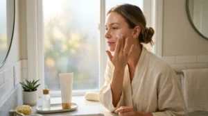 Woman applying facial sunscreen to protect her skin every morning.