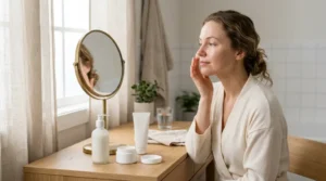 Woman following a simple and consistent skincare routine with gentle daily products.