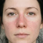 Close-up of facial redness, dryness, and flaking caused by a damaged skin barrier.