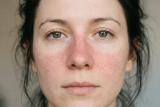 Close-up of facial redness, dryness, and flaking caused by a damaged skin barrier.
