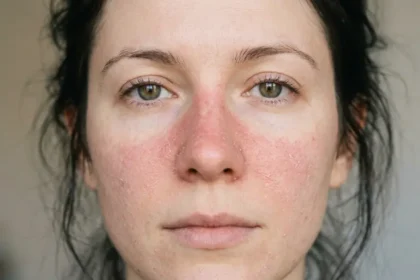Close-up of facial redness, dryness, and flaking caused by a damaged skin barrier.